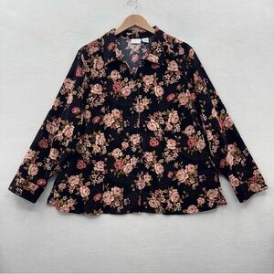Erika Women’s 2X Brown Rose Floral Corduroy Button Front Shirt Vintage 90s